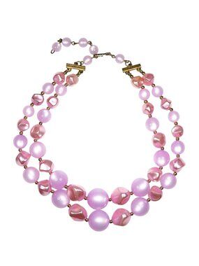 Coro 2-Strand Pale Pink & Purple Chunky Beads Necklace Vintage 1960s Jewelry